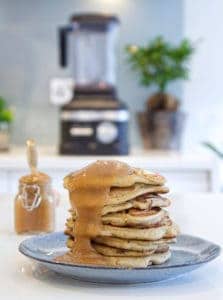 Autumn Applesauce Pancakes front + sauce