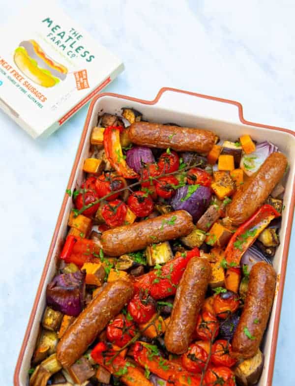PlantBased Sausage Tray Bake Healthy Living James (Gluten Free) with Meatless Farm Co