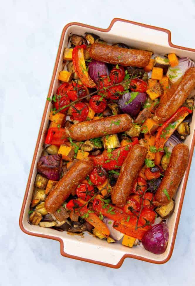 PlantBased Sausage Tray Bake (Gluten Free) with Meatless Farm Co