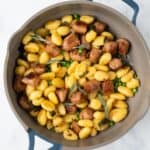 Sausage & Sage Gnocchi, blue frying pan shot from above.