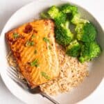 salmon on a bed of rice served with broccoli