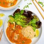 Vegan Katsu Curry on a plate with vegetables and rice.