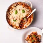 Vegan Pasta Bake served in a dish and on a plate.