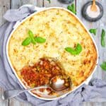 Vegan Shepherd’s Pie served in a dish.