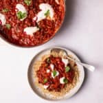 Vegan Chili served on a plate with brown rice.