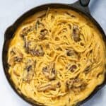 Mushroom Alfredo in a pan.