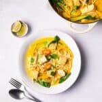 vegan laksa served on a plate.