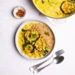 aubergine curry served with rice.