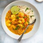 prawn curry served with rice.