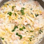 prawn linguine in a pan.