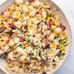 tuna pasta salad with fresh vegetables.