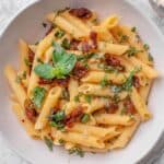 Sun dried tomato pasta with fresh basil and parmesan cheese.