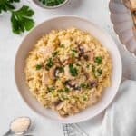 Chicken and Mushroom Risotto served on a plate.