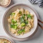 Broccoli pasta served on a plate.