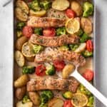 salmon tray bake with vegetables.
