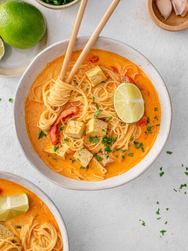 Thai Tofu Noodle Soup with fresh lime and coriander.