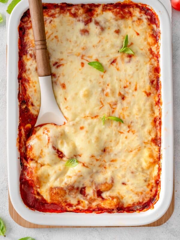 tuna gnocchi bake with melted cheese on top.