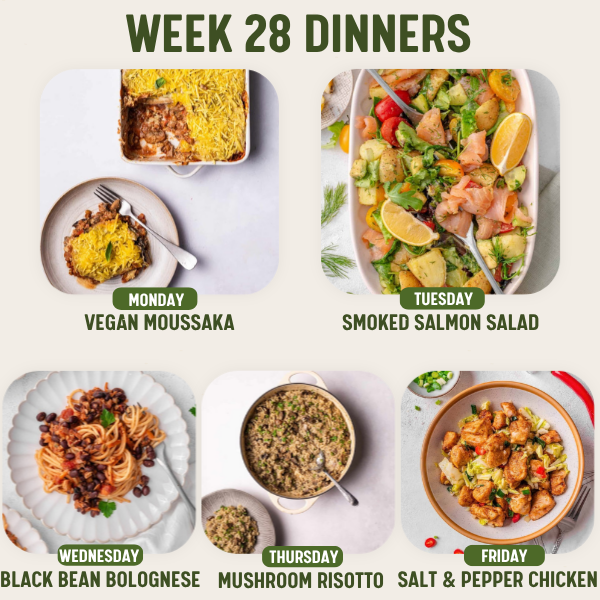 Week 28 Dinners meal plan