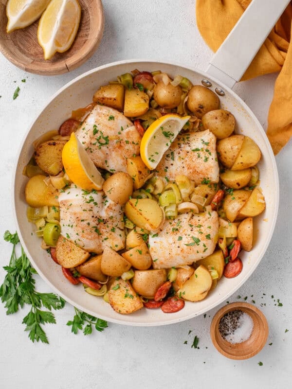 One-pan cod and chorizo with leeks and potatoes