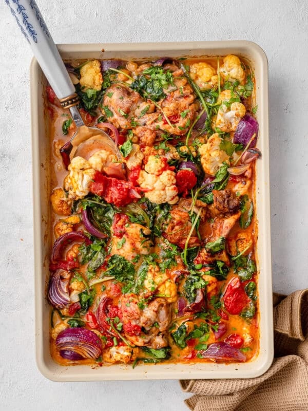 One-pan mild chicken curry traybake with cauliflower and chickpeas